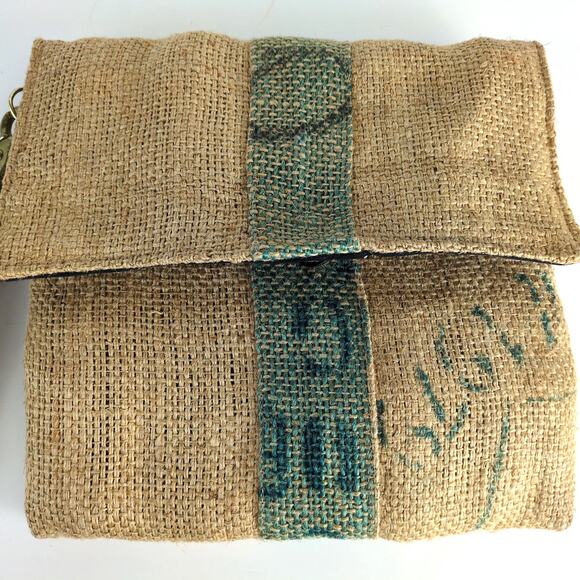 Upcycled Burlap Coffee Sack 11x10" Hand Bag Purse Italian Leather Strap Handle - Picture 2 of 8